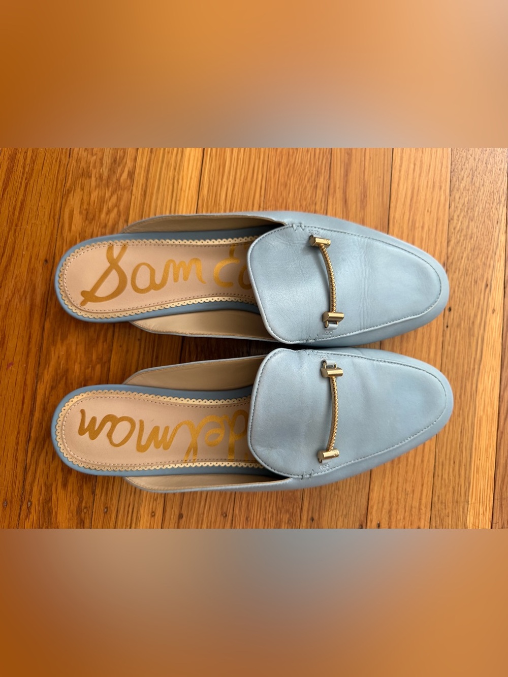 Sam Edelman Powder Blue Leather Slip-On Mules with Gold Accent